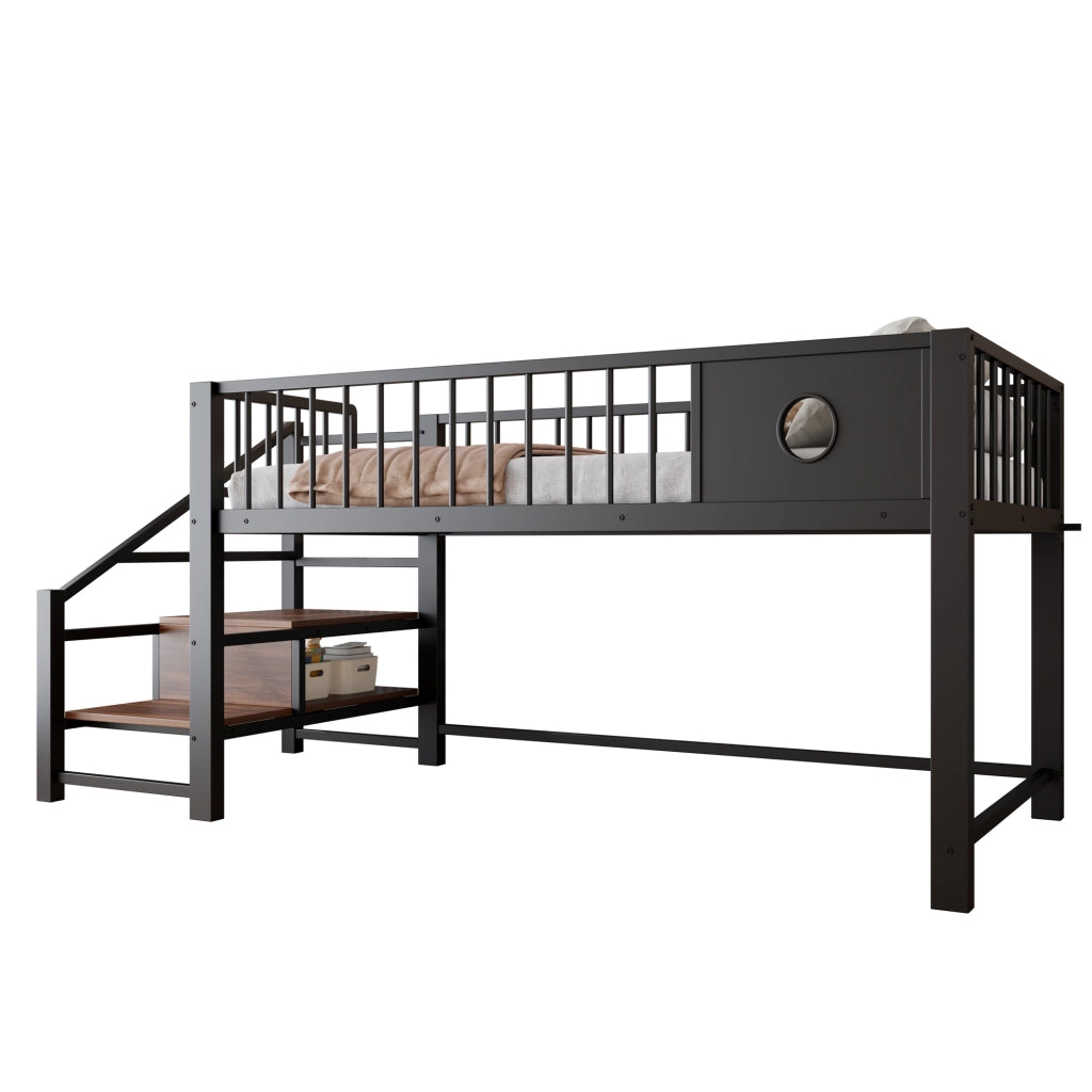 Letto a soppalco basso per bambini 90 × 200 cm con scala contenitore, struttura in metallo, senza materasso, nero