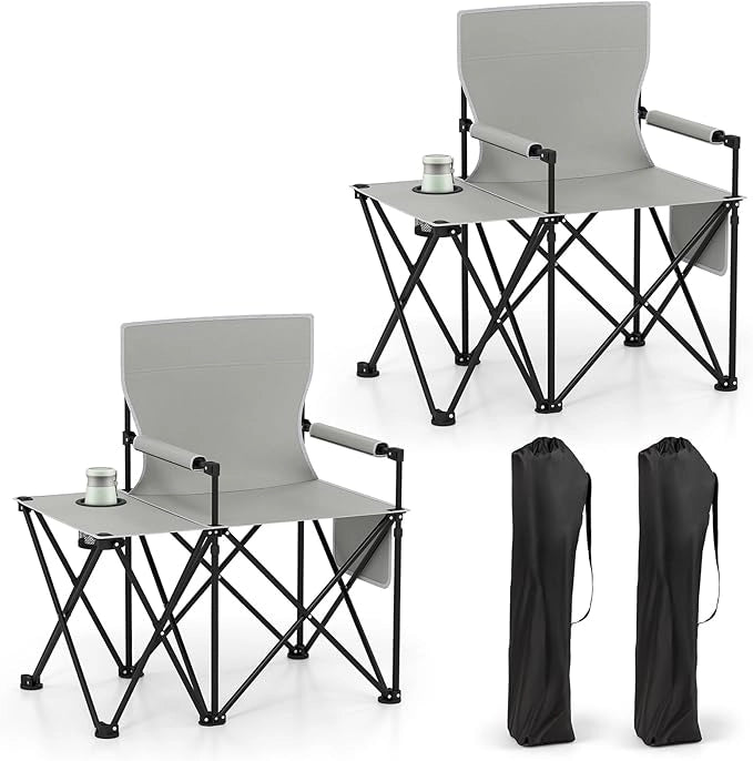 Sedia da Campeggio con Tavolino Laterale, Sedia da Picnic Pieghevole con 2 Tasche, Portabicchieri, Braccioli Imbottiti, Borsa da Trasporto, Portata 150 kg (Grigio)