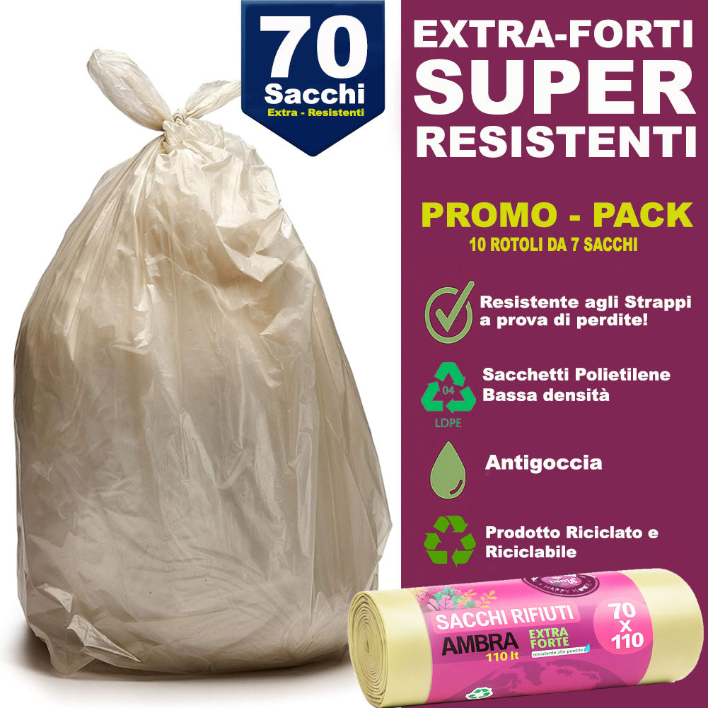 70 x Sacchi per spazzatura Grandi Ambra Trasparenti e Resistenti 70 x 110 cm LDPE