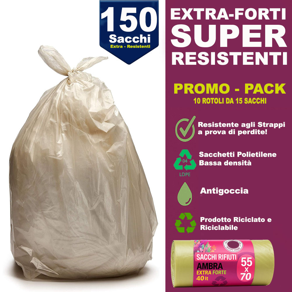 150 x Sacchetti per spazzatura Ambra Trasparenti Grandi e Resistenti 55 x 70 cm LDPE