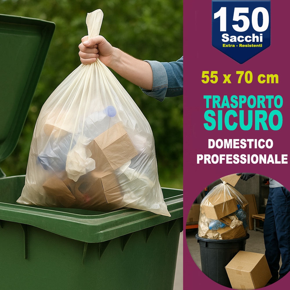 150 x Sacchetti per spazzatura Ambra Trasparenti Grandi e Resistenti 55 x 70 cm LDPE