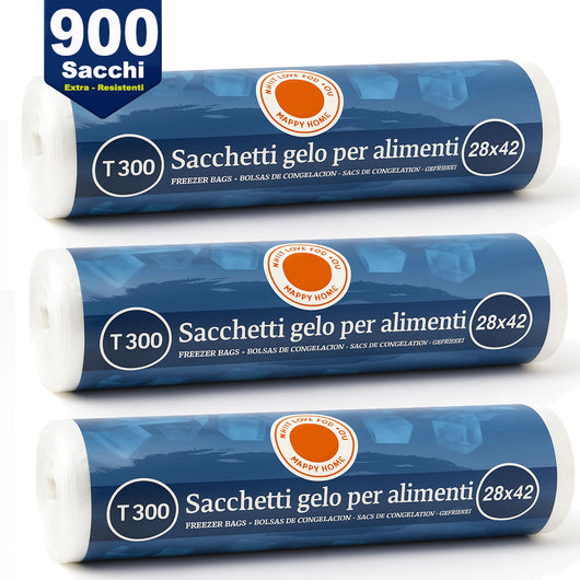 3 x Rotoli Sacchetti Freezer per Alimenti 900 sacchi Congelatore Frigo 28x42cm