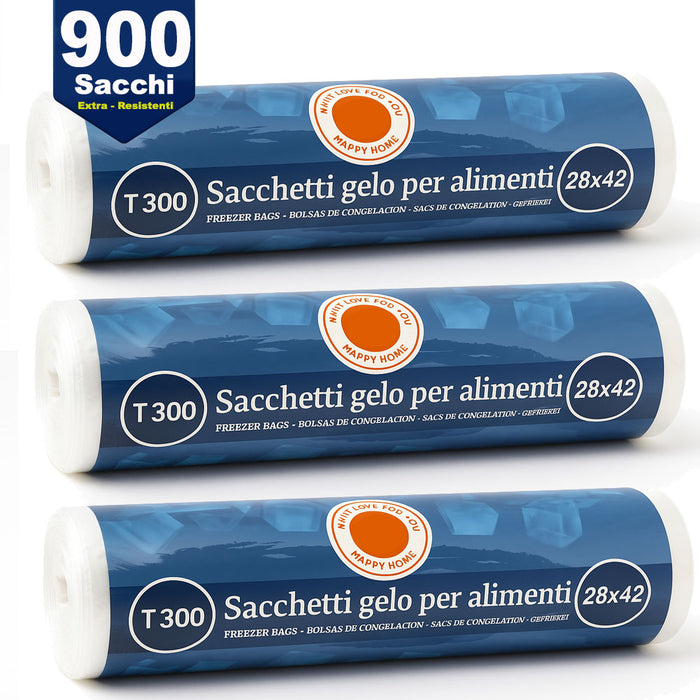 3 x Rotoli Sacchetti Freezer per Alimenti 900 sacchi Congelatore Frigo 28x42cm