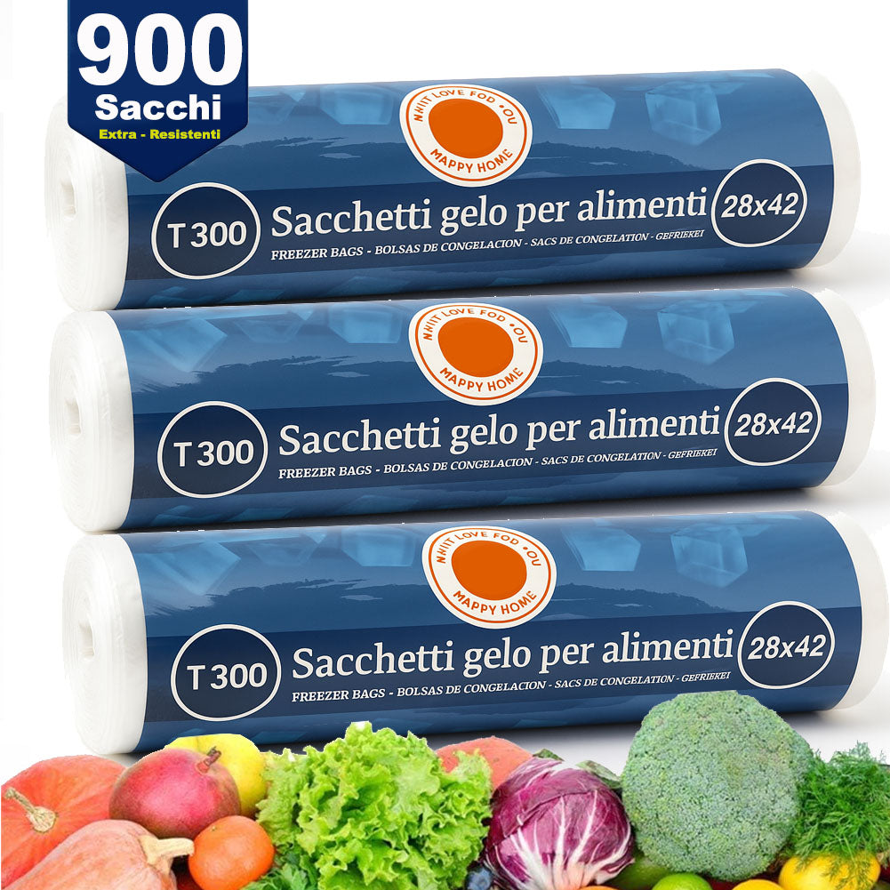 3 x Rotoli Sacchetti Freezer per Alimenti 900 sacchi Congelatore Frigo 28x42cm