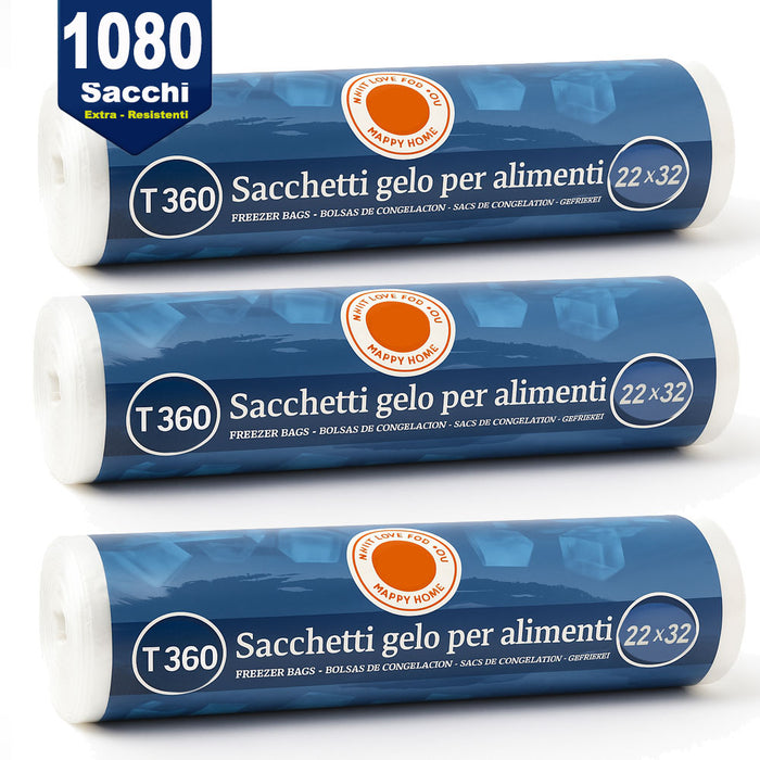 3 x Rotoli Sacchetti Freezer per Alimenti 1080 sacchi Congelatore Frigo 22x32 cm