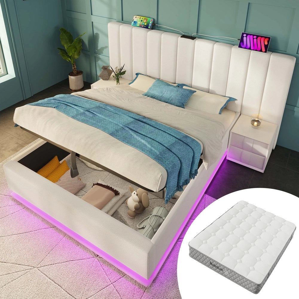 Letto Imbottito Contenitore Matrimoniale con LED e USB ¨C Xylo ¨C PU Bianco 180x200