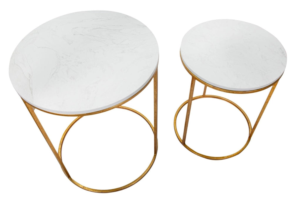 Tavolinetti Simply Marble Coppia Ø52x63-42x53 cm in Ferro e Marmo Oro e Bianco