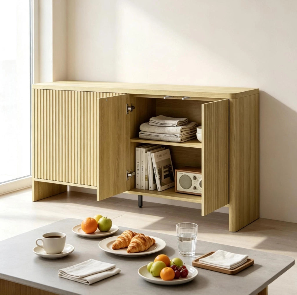 Sideboard 147x40x77 cm in MDF effetto rovere con ripiani regolabili e ante push-to-open