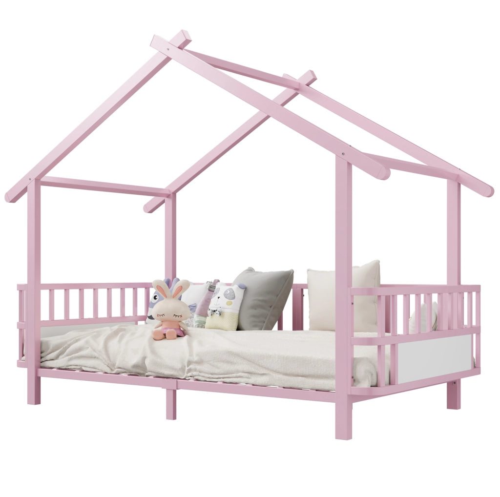 Letto a forma di casa 90x200 cm con sponde di sicurezza in metallo rosa