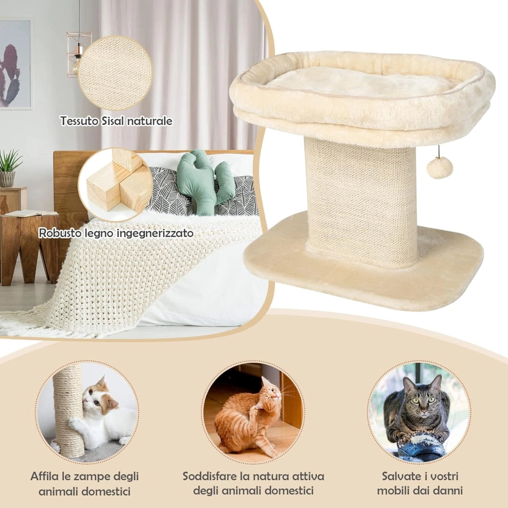 Tiragraffi per Gatti, Albero Tiragraffi Gatto con Grande Cuccia in Peluche e Tiragraffi in Sisal e Palla, Tiragraffi da Divano in Legno per Gatti Piccoli, Portata 20 kg (Beige)