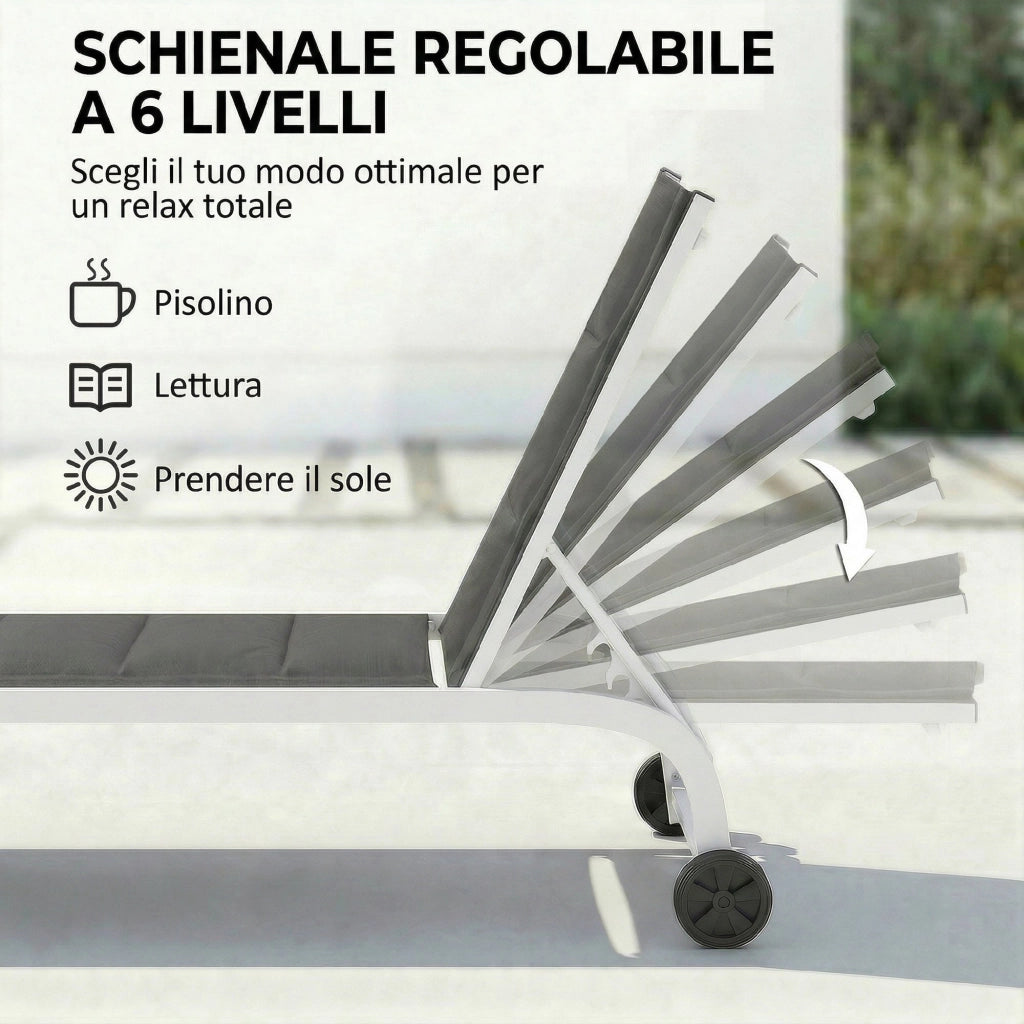 Lettino Prendisole da Giardino 62x165x94 cm con Ruote in Texteline con Telaio in Alluminio Grigio Scuro e Bianco
