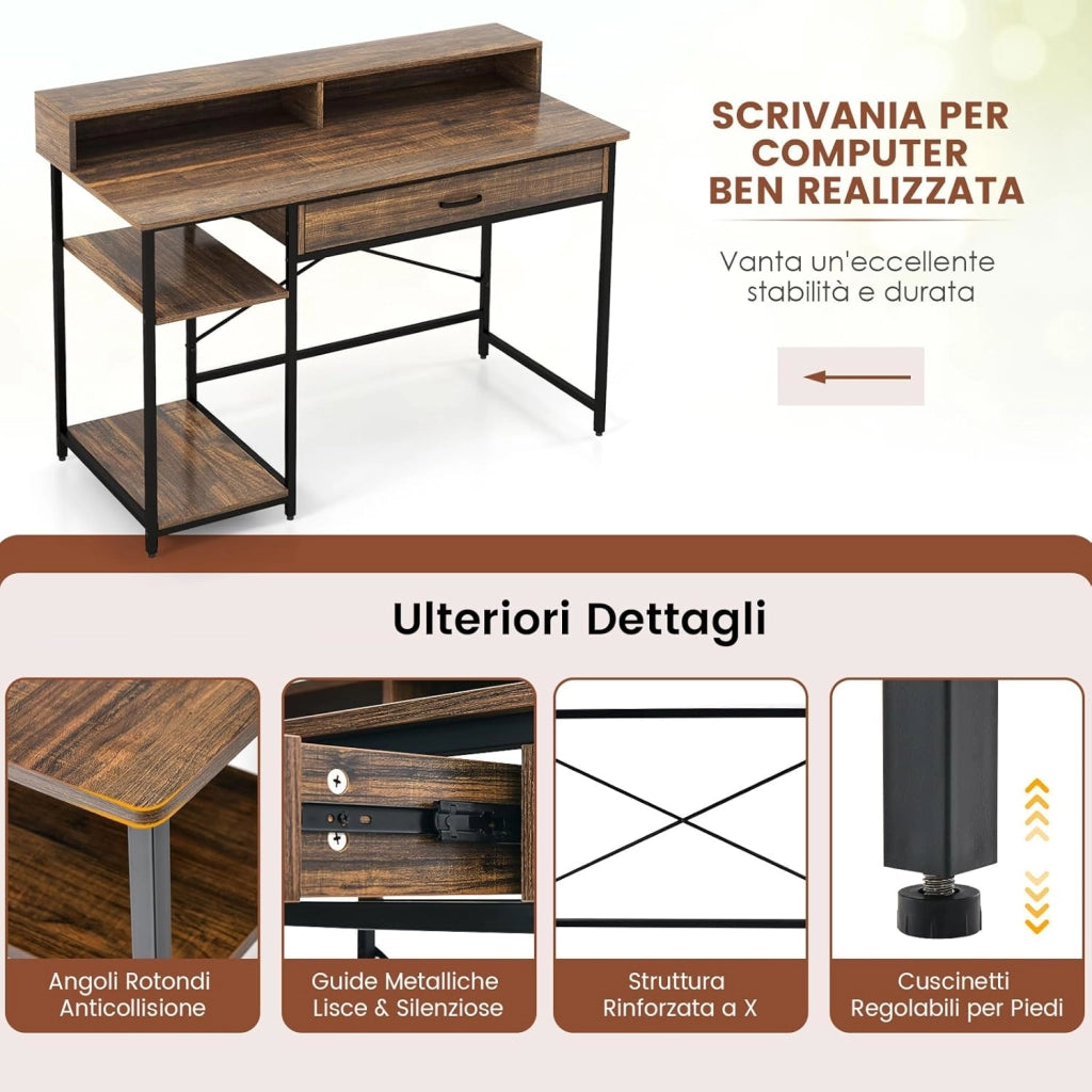 Scrivania con Cassetti, Supporto per Monitor e Ripiani Aperti, Scrivania Salvaspazio per Computer con Struttura in Metallo, Scrittoio per Studio e Ufficio, 120 x 56 x 90,5 cm, Marrone