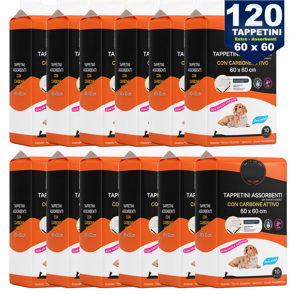 120 x Traversine per Cani tappetini igienici con adesivi Carboni attivi 60x60 cm