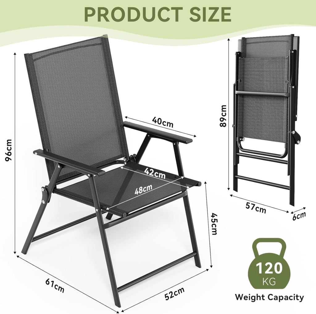 Set di 2 Sedie da Giardino Pieghevoli, Sedie da Campeggio con Schienale e Braccioli, Struttura in Metallo, Portata 120kg, Sedia Pieghevole Leggera per Balcone, Terrazza, Nero