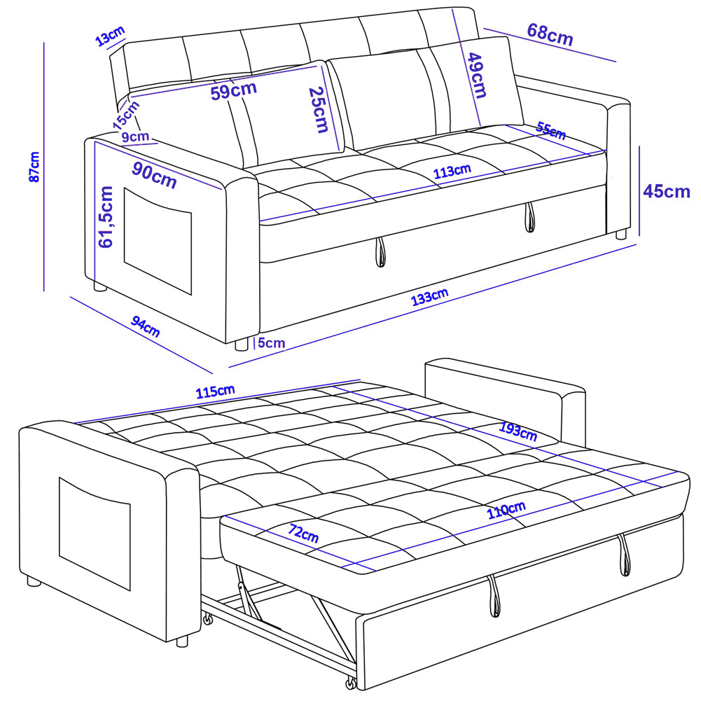 Divano Letto Due Posti in Velluto Premium con Imbottitura Alta Densità Grigio