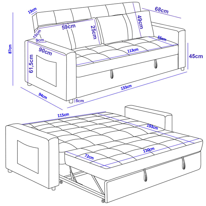 Divano Letto Due Posti in Velluto Premium con Imbottitura Alta Densità Grigio