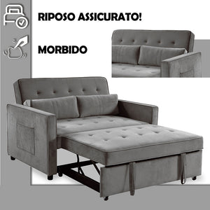 Divano Letto Due Posti in Velluto Premium con Imbottitura Alta Densità Grigio