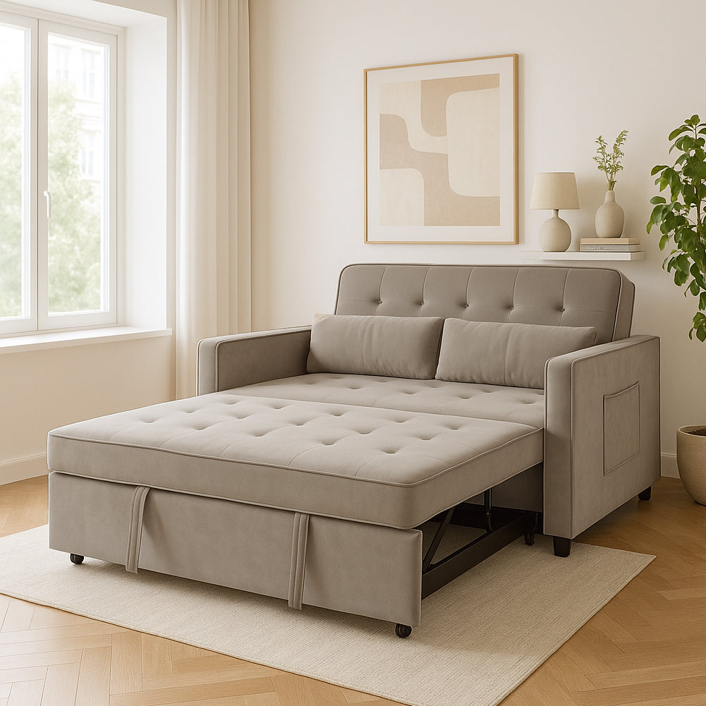 Divano Letto Due Posti in Velluto Premium con Imbottitura Alta Densità Beige