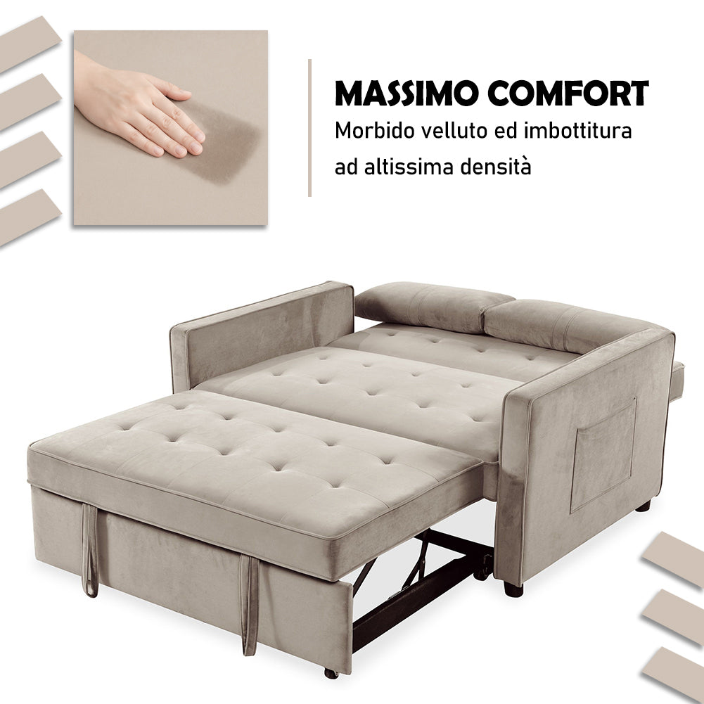 Divano Letto Due Posti in Velluto Premium con Imbottitura Alta Densità Beige