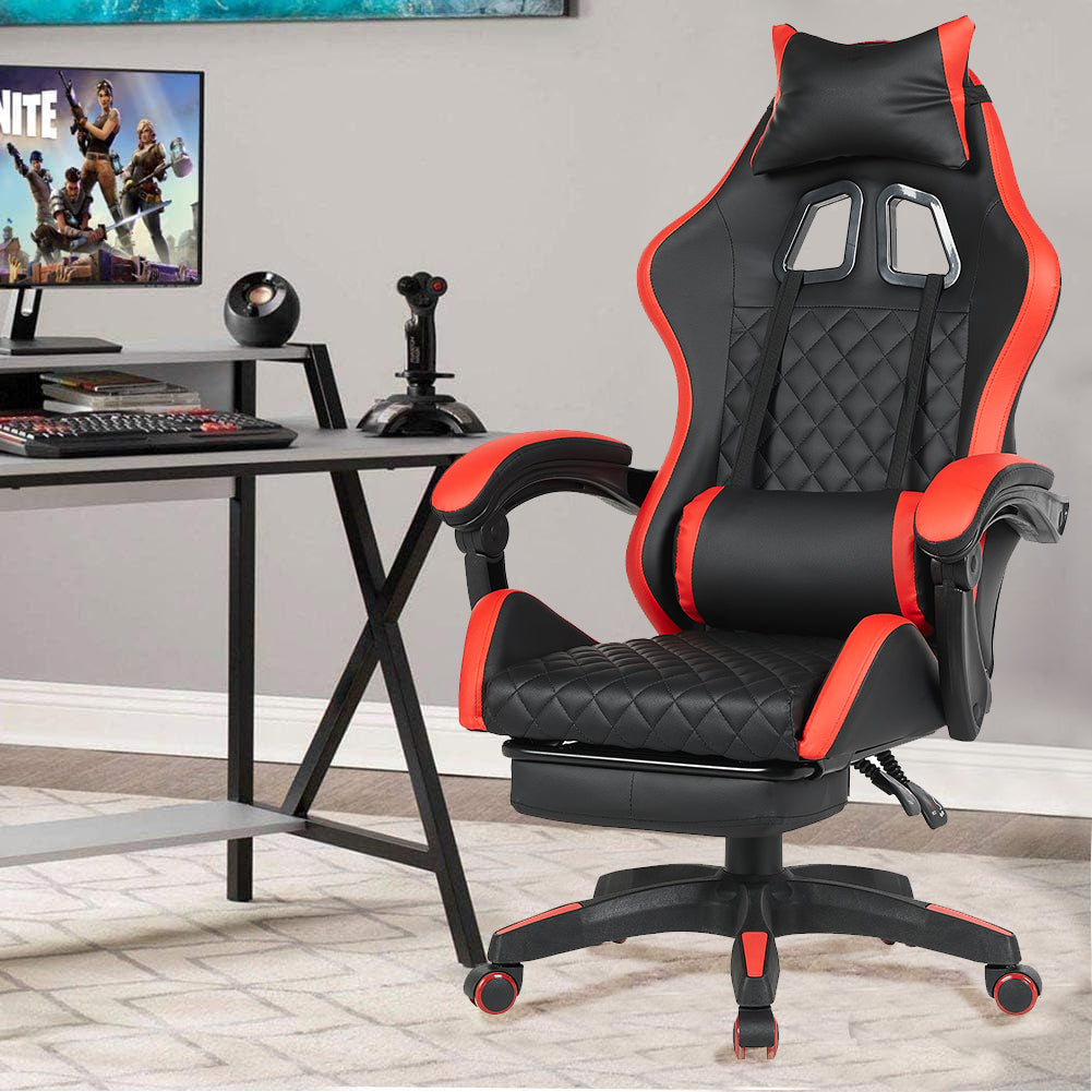 Sedia Gaming Ergonomica Reclinabile in Ecopelle con Poggiapiedi e Cuscini Lombari Rosso