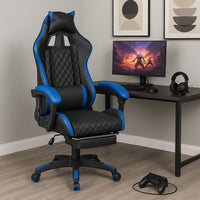 Sedia Gaming Ergonomica Reclinabile in Ecopelle con Poggiapiedi e Cuscini Lombari Blu