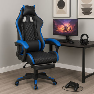 Sedia Gaming Ergonomica Reclinabile in Ecopelle con Poggiapiedi e Cuscini Lombari Blu