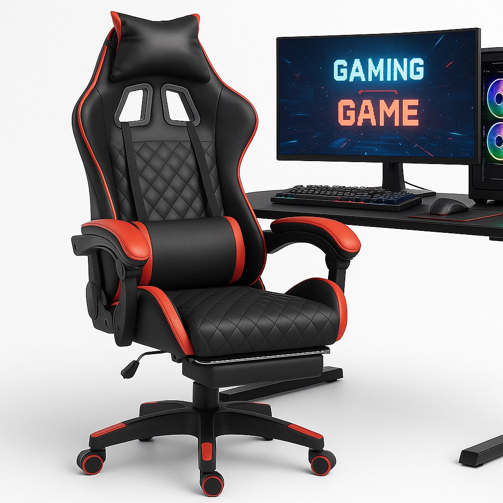 Sedia Gaming Ergonomica Reclinabile in Ecopelle con Poggiapiedi e Cuscini Lombari Rosso