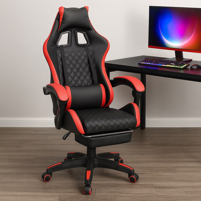 Sedia Gaming Ergonomica Reclinabile in Ecopelle con Poggiapiedi e Cuscini Lombari Rosso