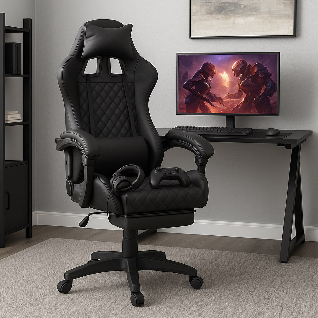 Sedia Gaming Ergonomica Reclinabile in Ecopelle con Poggiapiedi e Cuscini Lombari Nero