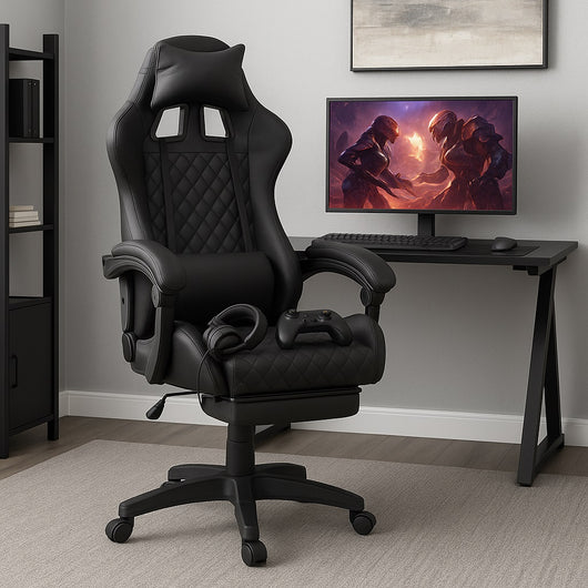Sedia Gaming Ergonomica Reclinabile in Ecopelle con Poggiapiedi e Cuscini Lombari Nero