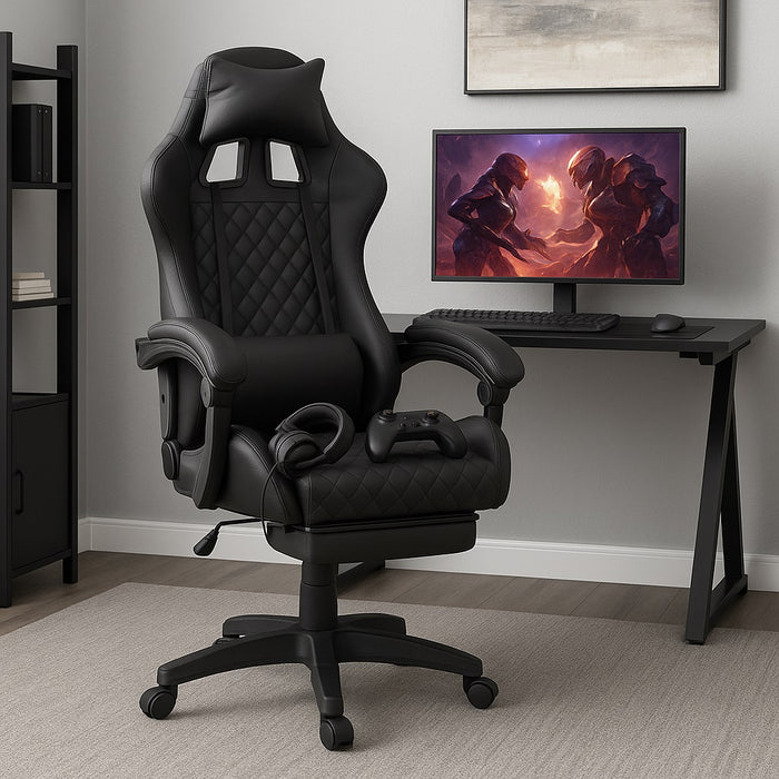 Sedia Gaming Ergonomica Reclinabile in Ecopelle con Poggiapiedi e Cuscini Lombari Nero