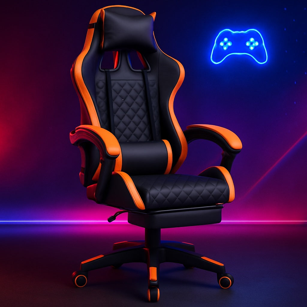 Sedia Gaming Ergonomica Reclinabile in Ecopelle con Poggiapiedi e Cuscini Lombari Arancio