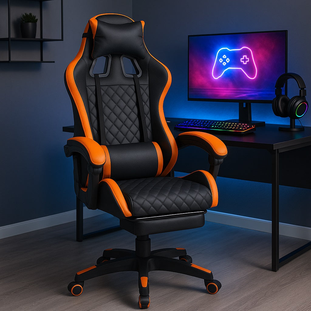 Sedia Gaming Ergonomica Reclinabile in Ecopelle con Poggiapiedi e Cuscini Lombari Arancio