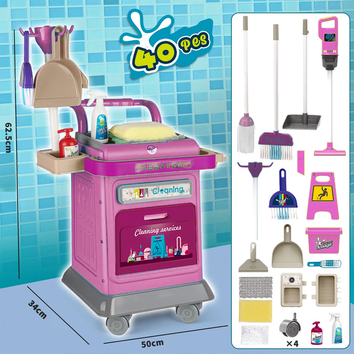 Set Carrello Pulizia Bambini Trolley Rosa Accessori Gioco Educativo Idea Regalo