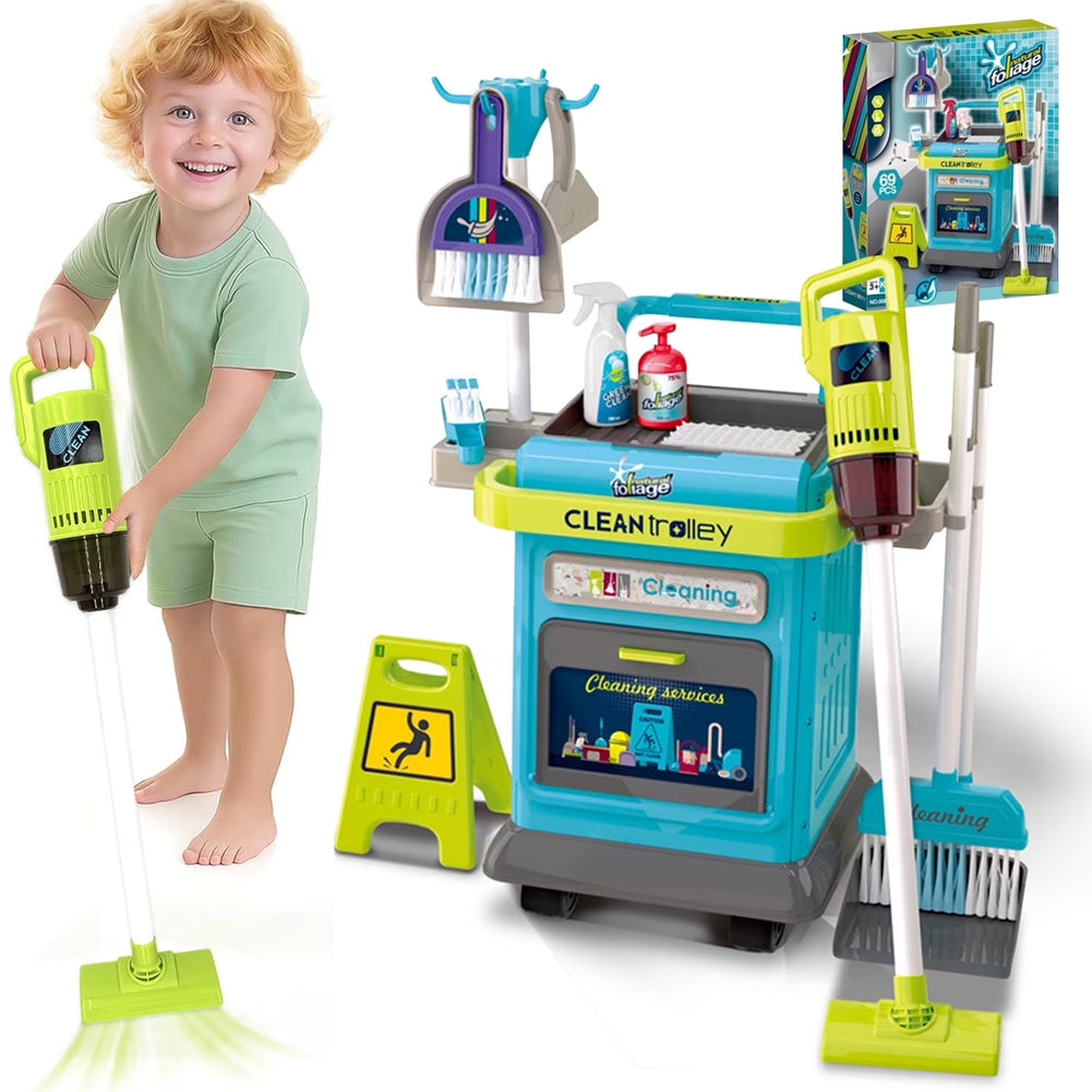 Set Carrello Pulizia Bambini Trolley Blu Accessori Gioco Educativo Idea Regalo