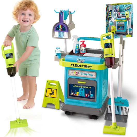 Set Carrello Pulizia Bambini Trolley Blu Accessori Gioco Educativo Idea Regalo