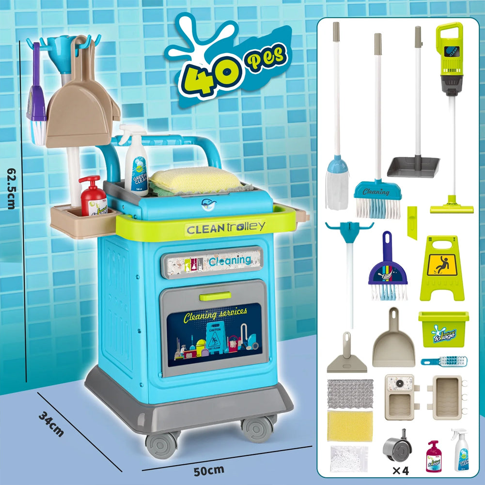 Set Carrello Pulizia Bambini Trolley Blu Accessori Gioco Educativo Idea Regalo