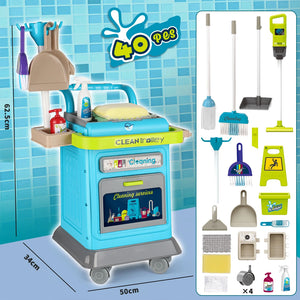 Set Carrello Pulizia Bambini Trolley Blu Accessori Gioco Educativo Idea Regalo