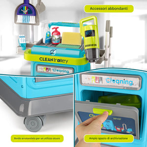 Set Carrello Pulizia Bambini Trolley Blu Accessori Gioco Educativo Idea Regalo