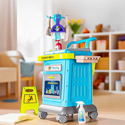 Set Carrello Pulizia Bambini Trolley Blu Accessori Gioco Educativo Idea Regalo