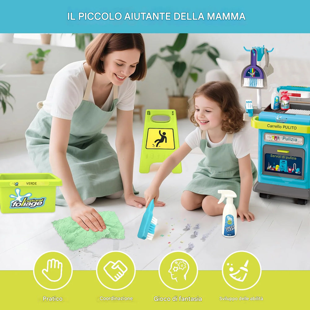 Set Carrello Pulizia Bambini Trolley Blu Accessori Gioco Educativo Idea Regalo
