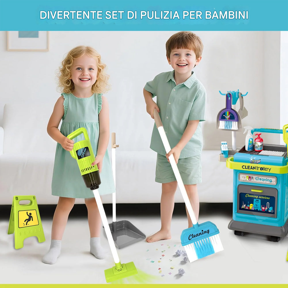 Set Carrello Pulizia Bambini Trolley Blu Accessori Gioco Educativo Idea Regalo