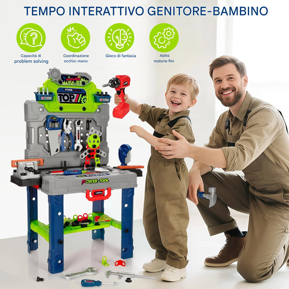 Banco da Lavoro 132 Pezzi con Trapano Elettrico per Bambini Postazione Tuttofare