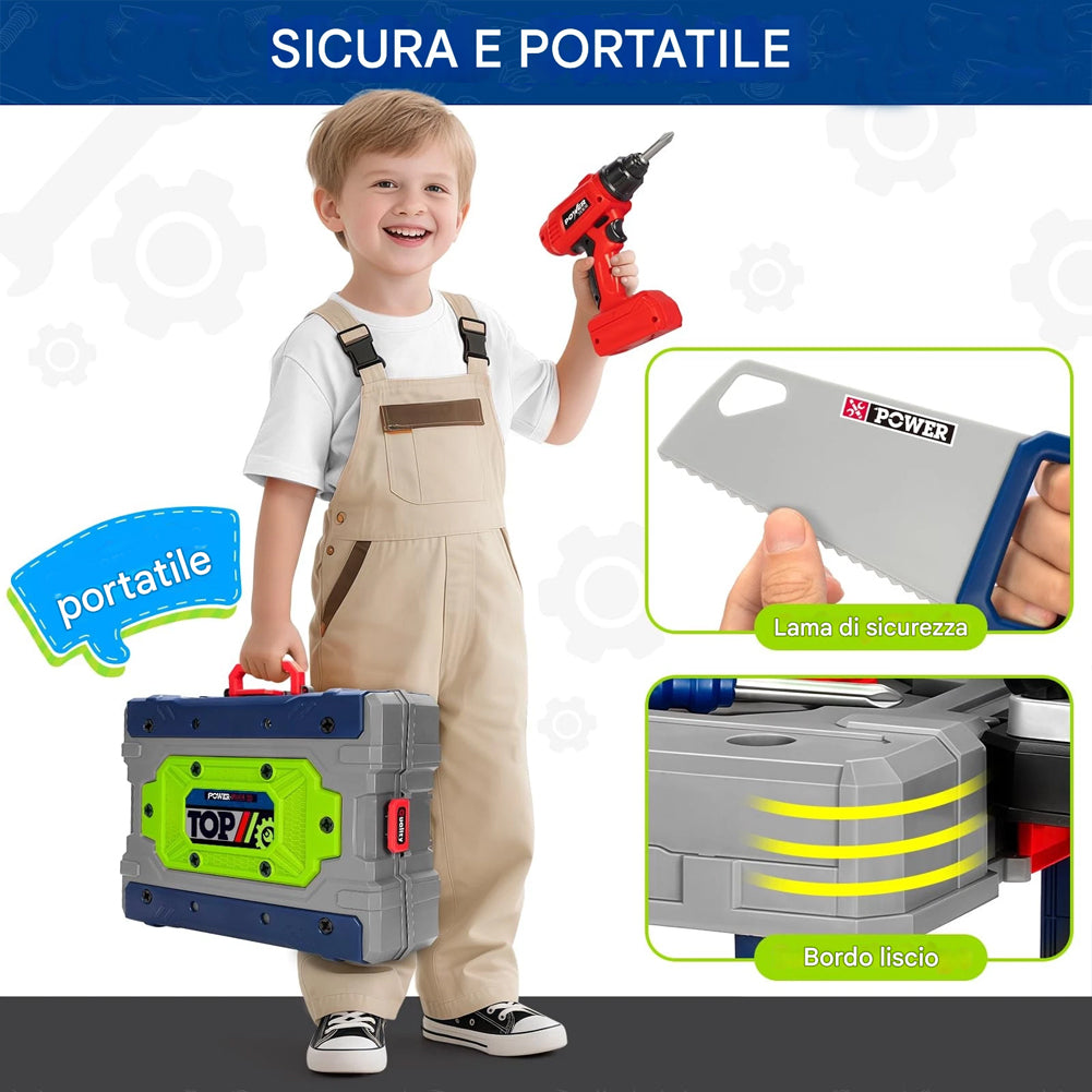 Banco da Lavoro 132 Pezzi con Trapano Elettrico per Bambini Postazione Tuttofare