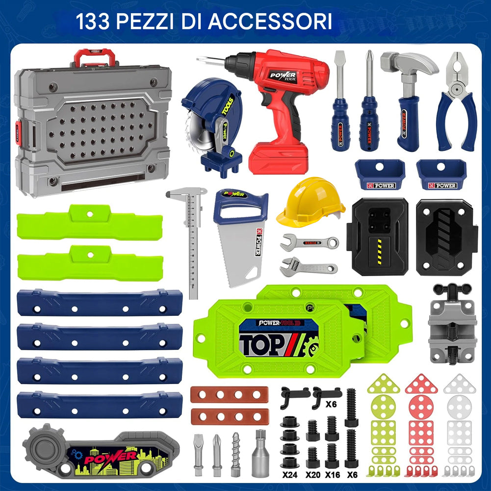 Banco da Lavoro 133 Pezzi Postazione con Trapano Elettrico e Casco Sicurezza