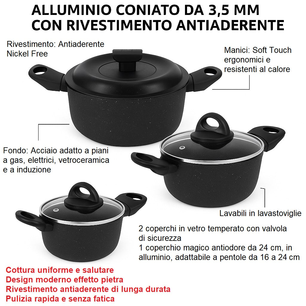 Set Pentole 6pz Pietra con Coperchio Magico Antiodore Casseruole 16 20 24 cm Induzione