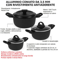 Set Pentole 6pz Pietra con Coperchio Magico Antiodore Casseruole 16 20 24 cm Induzione