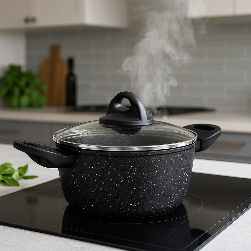 Set Pentole 6pz Pietra con Coperchio Magico Antiodore Casseruole 16 20 24 cm Induzione