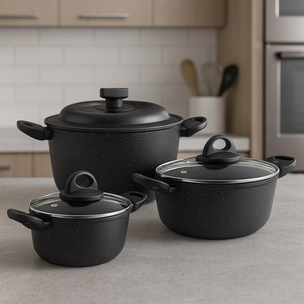 Set Pentole 6pz Pietra con Coperchio Magico Antiodore Casseruole 16 20 24 cm Induzione