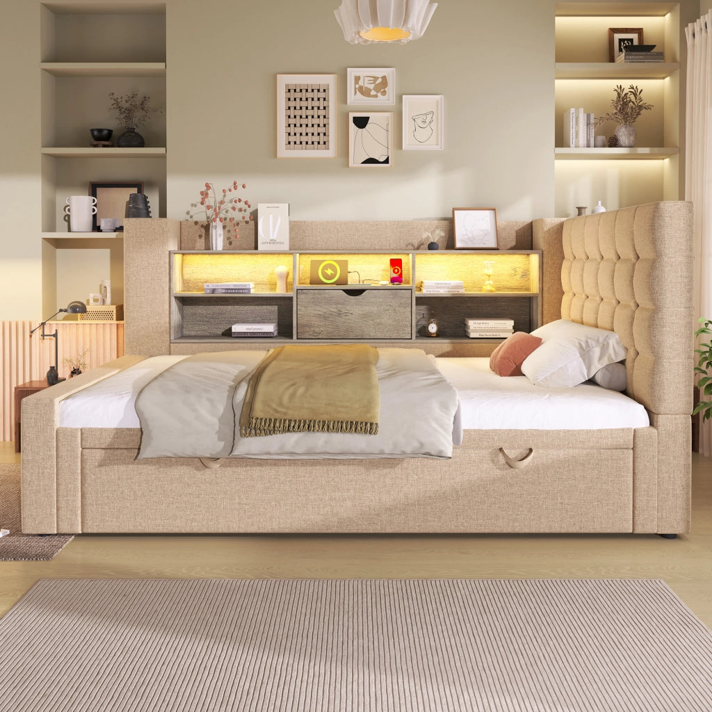 DESMIU Letto estraibile 90 × 200 cm 1 posto con LED, USB e Type-C, senza materasso, beige